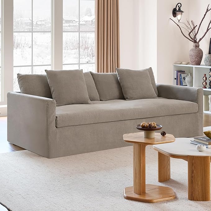 SICOTAS 90.5" Modern Sofa with Deep Seat, Large Down-Filled Cloud Couch with 4 Pillows & Solid Wood Frame, Oversized 3 Seater Sofa Comfy Sleeper Couches for Living Room, Apartment, Wheat Gray