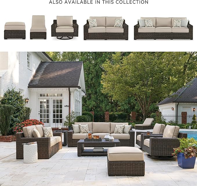 Signature Design by Ashley Coastline Bay Casual Weather Resistant Outdoor Loveseat with Cushion and 2 Throw Pillows, Nuvella Weather Resistant Fabric, Beige & Dark Brown