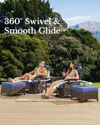 HILLGA Luxury Patio Furniture Set with 6-inch Thick Cushion, Outdoor High Back Swivel Rocker Patio Chairs, 5PCS Wicker Conversation Set for Deck Yard and Poolside, Blue (V2)