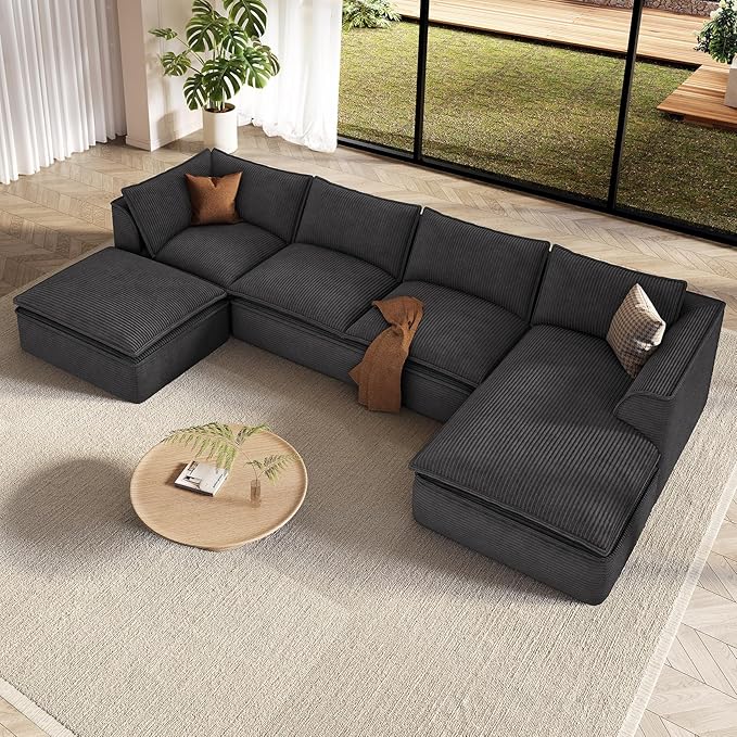 Vesgantti 141.7" U Shaped Boneless Sectional Couch, Modern 6 Seater Modular Sofa with Chaise & Ottoman, Deep Seat Convertible Corduroy Cloud Couches for Living Room, No Assembly Required, Black