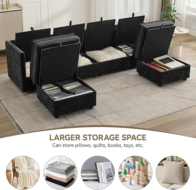 105" Cloud Modular 4 Seater Sofa with 2 Storage Ottoman, Modern Upholstered Sofa Storage Sofa Couch Deep Seat, U Shape Sectional Sofa Chenille Comfy Couch with Armrests for Living Room, Black