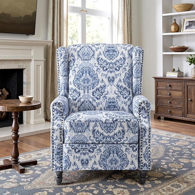 Recliner Chair, Upholstered Wingback Floral Pushback Armchair with Adjustable Backrest & Footrest, Comfy Accent Chair Reading Single Sofa for Small Spaces, Living Room, Bedroom (Navy Blue, Set of 1)