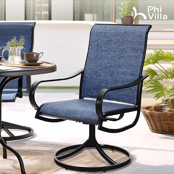 PHI VILLA Patio Swivel Dining Chairs Set of 2, All Weather Outdoor Chair with Textilene Mesh Fabric & Black Metal Frame for Outdoor Lawn Garden Poolside (Blue)