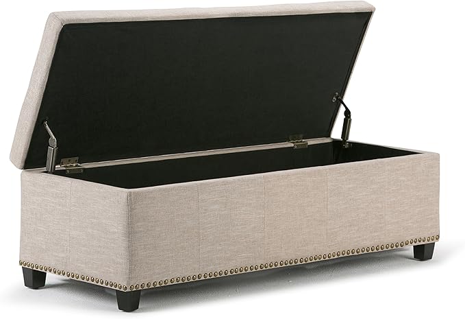 SIMPLIHOME Kingsley 48 inch Wide Transitional Rectangle Large Storage Ottoman in Natural Linen Look Fabric, Assembled, For the Living Room, Entryway and Family Room