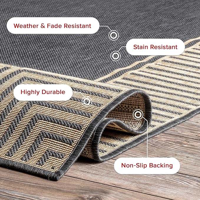 nuLOOM 2' x 3' Outdoor Area Rug, Casual Design With Striped Border, Stain Resistant, Highly Durable, For Patio, Balcony, Bedroom, Living Room, Dining Room, Bathroom, Dark Grey