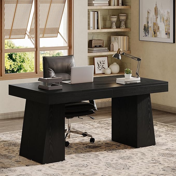 Tribesigns 55" Executive Desk, Wooden Office Desk with Double Pedestal, Modern Simple Computer Writing Table for Home Office, Black