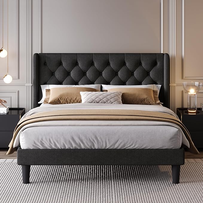 SHA CERLIN Queen Size Platform Bed Frame with Upholstered Headboard and Wingback, Button Tufted Design, Easy Assembly, No Box Spring Needed, Black