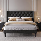 SHA CERLIN Queen Size Platform Bed Frame with Upholstered Headboard and Wingback, Button Tufted Design, Easy Assembly, No Box Spring Needed, Black