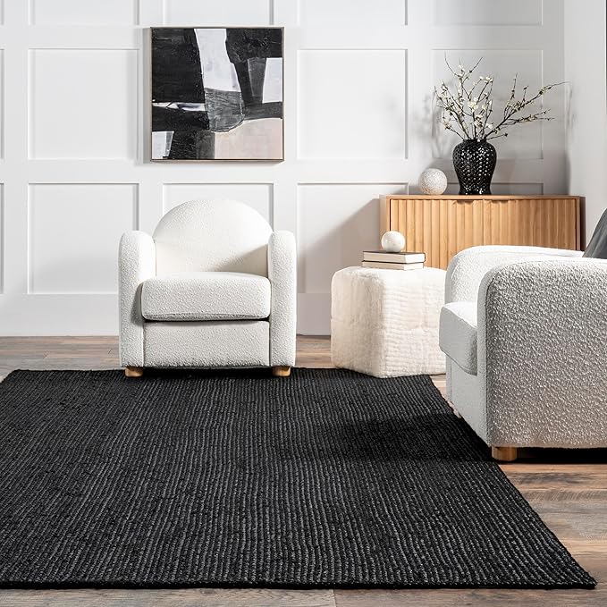 nuLOOM Oval 3x5 Rigo Jute Hand Woven Area Rug, Black, Solid Farmhouse Design, Natural Fiber, For Bedroom, Living Room, Dining Room, Hallway, Office, Kitchen, Entryway