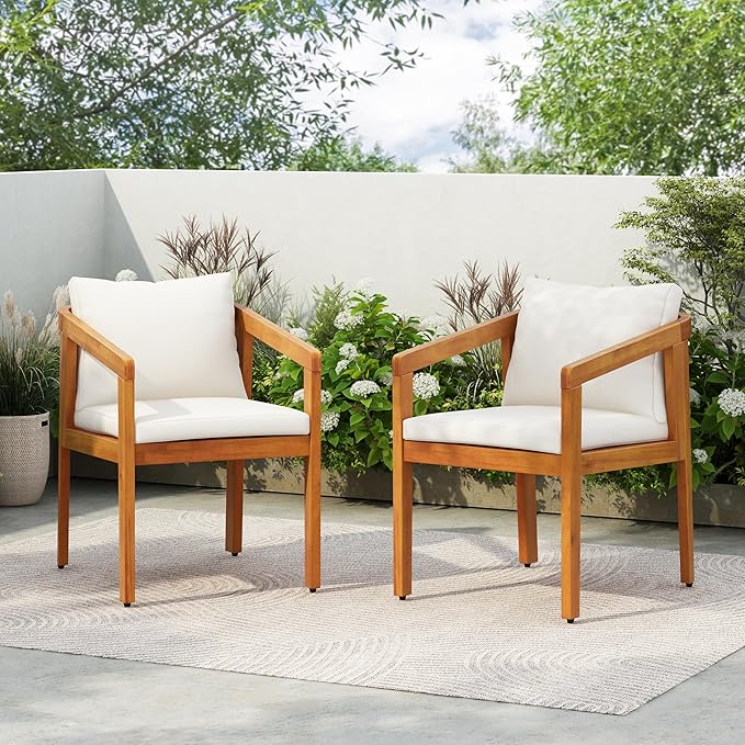 Christopher Knight Home Lucid Set of 2 Outdoor Dining Chair, Acacia Wood Frame Dining Chairs, Accent Chair Set with Comfortable Cushions, Patio Armchair for Backyard Poolside Garden, Natural + Beige