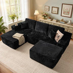 106" Cloud Sectional Couch with L-Shape Chaise & Ottoman, No Assembly Modular Sofa, Deep Seat Plush Corduroy Boneless Couched for Living Room (Black Plush Corduroy, Left Facing Chaise with Ottoman)