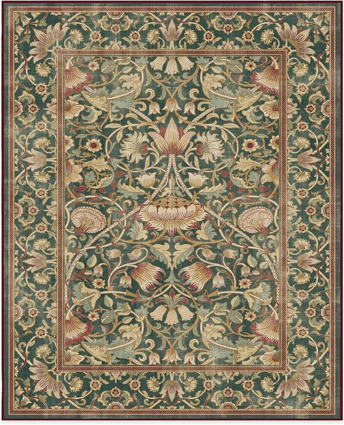 RUGGABLE x Morris & Co Machine Washable Area Rug – Lodden Soft Evergreen & Gold 8x10, Stain-Resistant, Non-Slip – Large Rugs for Living Room, Bedroom, Hallway, Entryway & Office–with Cushioned Pad