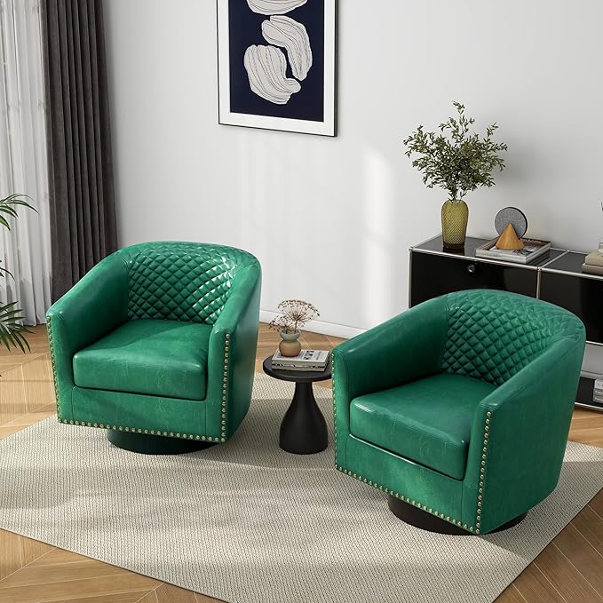 Pia Ricco Faux Leather Swivel Barrel Accent Chairs, 360° Swivel Round Single Sofa Chair, Comfy Upholstered Club Armchair with Nailhead Trim for Living Room/Reading Room/Bedroom, Green