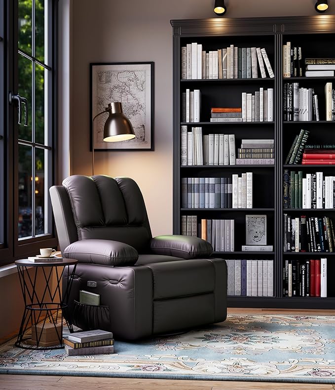 27" Oversized Power Recliner Chair, Faux Leather Rocking Chair with Heat & Massage, 360° Swivel Modern Electric Recliner with Cup Holder ＆ USB Charging for Living Room, Bedroom, Nursery - Coffee
