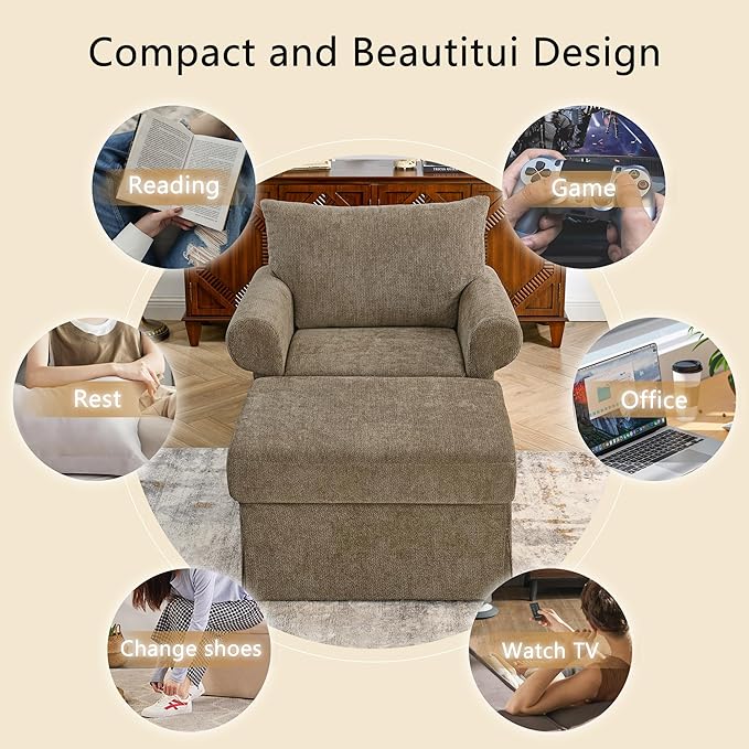 35.82" Accent Chair with Ottoman Upholstered Living Room Chairs for Reading Chair with Chaise Lounge Chairs Indoor, Comfortable Armchair for Bedroom (Brown, 35.82")