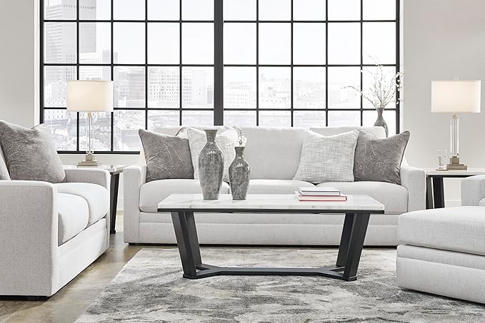 Signature Design by Ashley Maitelynn Contemporary Loveseat with Accent Pillows, Reversible Cushions and Sloped Arms, Light Gray