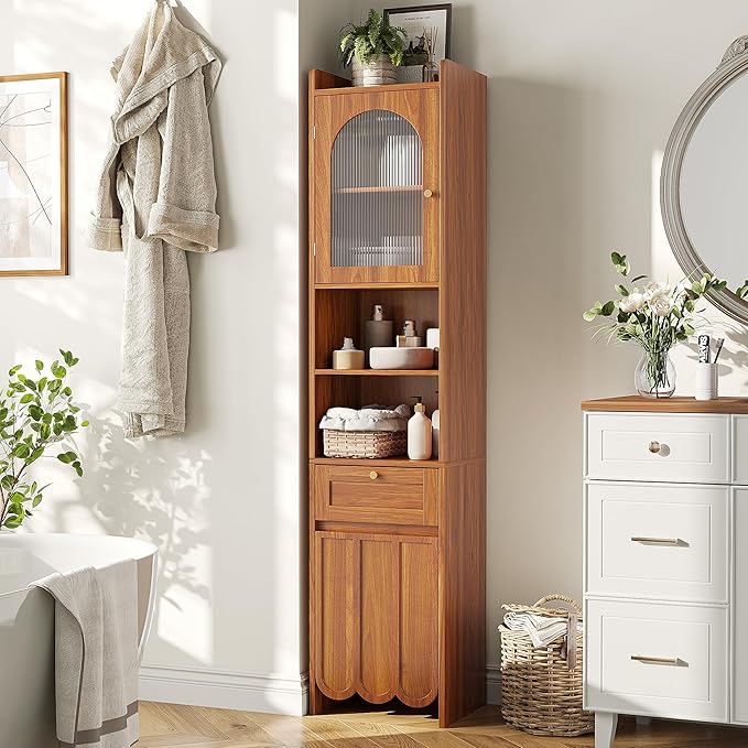 Maupvit 68” Tall Bathroom Storage Cabinet, Narrow Freestanding Cabinet with Fluted Glass Door and Drawer, 3-Tier Adjustable Shelves, Wave-like Panel, 14.9" Wide for Small Space, 8 Compartments, Walnut