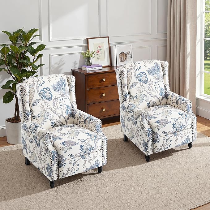 Pushback Recliner Chair Set of 2, Floral Fabric Wingback Recliner Chair, Upholstered Armchair Push Back Recliner, Rivet Trim Single Sofa Accent Chair with Wood Legs for Living Room, Plants Blue