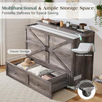 Full Murphy Bed with 6" White Tri-Fold Memory Foam Mattress, Storage Drawer & Charging Station, Space-Saving Design for Home Office or Guest Room, Rustic Grey