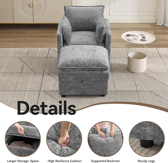 30" Cloud Modular Single Sofa Chair with Storage Ottoman, Modern Upholstered Accent Chair with Storage, Chenille Reading Lounge Armchair for Living Room, Bedroom, Small Space, Light Grey