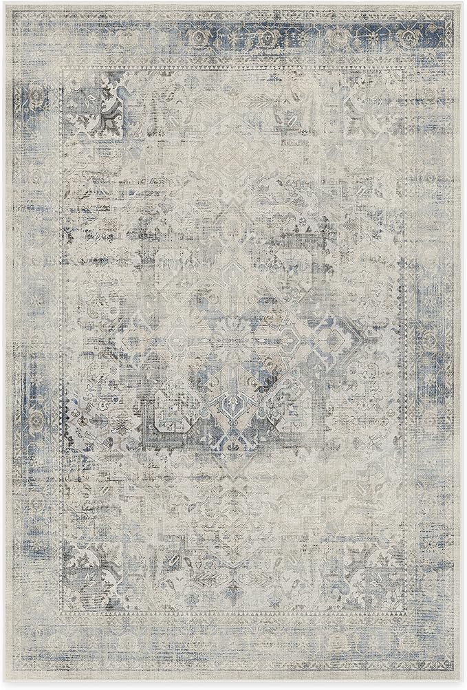 RUGGABLE Washable Vintage Area Rug – Kamran Blue Quartz 6x9, Stain-Resistant, Non-Slip – Medium Machine Washable Rugs for Living Room, Bedroom, Hallway, Entryway & Office–with Standard Pad