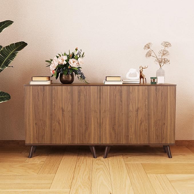 Modern Sideboard Buffet Cabinet Console Table, Accent Storage Cabinet Credenza Buffer Cabinets with 4 Fluted Doors for Kitchen Dining Living Room Entryway (Walnut)