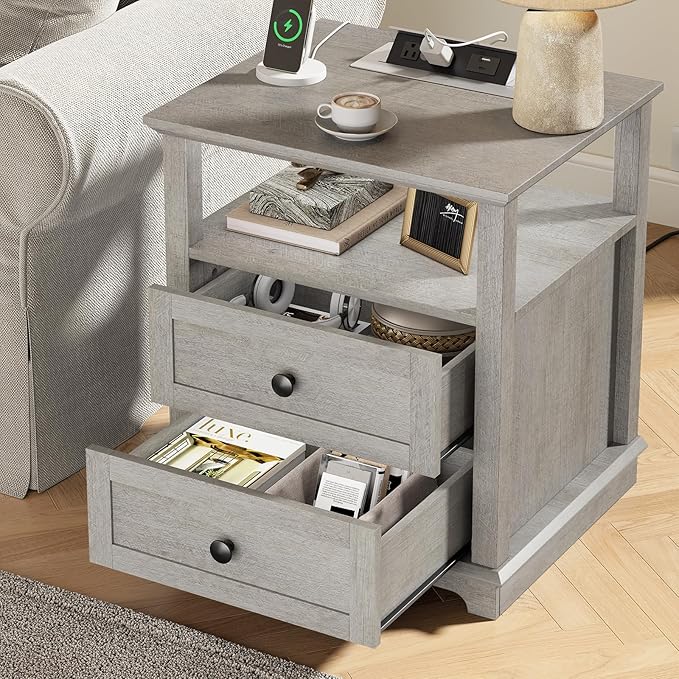 HIFYOBRO End Table with 2 Drawers and Charging Station, Type-C & USB Port & Power outlets, Wooden Storage Cabinet, Large Side Table with Storage for Living Room and Bedroom