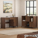 47" Fluted Executive Desk, Modern Wood Home Office Desk with Charging Station, Drawer & Cabinet, Computer Writing Desk for Work Study, Brown