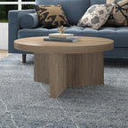 Henn&Hart 32" Fluted Round Low-Profile Coffee Table with Ribbed Pedestal Base for Living Room, Family Room, Office, or Apartment, Antiqued Gray Oak