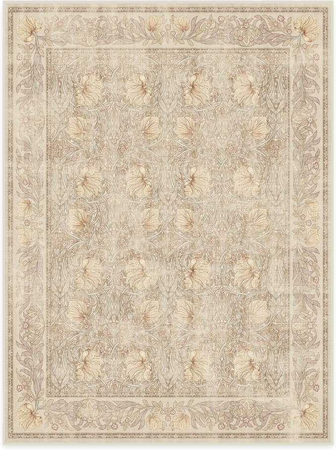 RUGGABLE x Morris & Co Washable Area Rug– Pimpernel Vintage Stone 9x12, Stain-Resistant, Non-Slip – Large Machine Washable Rugs for Living Room, Bedroom, Hallway, Entryway & Office–with Cushioned Pad