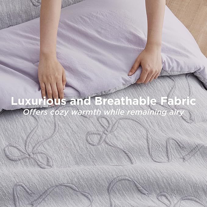 Bedsure Twin Size Comforter Set, Light Purple Boho Tufted Bed Set, 3D Puffy Jacquard Bedding Twin Size, 2 Pieces, 1 Farmhouse Shabby Chic Embroidery Comforter with Bow Pattern & 1 Pillow Case