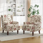 Pia Ricco High Back Floral Accent Chair - Retro Wingback Upholstered Armchair with Nailhead Trim, Solid Wood Legs, Fabric Living Room Bedroom Reading Chair (Flower Beige)