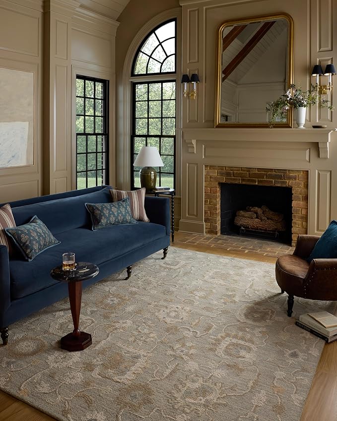 Loloi Chris Loves Julia Dorothea Collection DRT-01 Stone/Multi 9'-3" x 13' Area Rug Wool Neutral Floral Living Room Bedroom Carpet