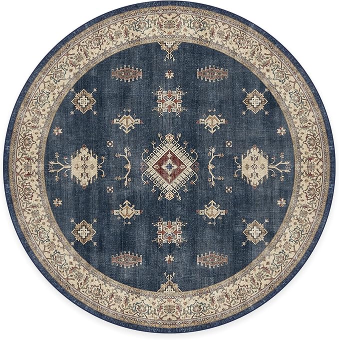 RUGGABLE Washable Vintage Area Rug – Verena Sapphire 6 ft Round, Stain-Resistant, Non-Slip – Medium Machine Washable Rugs for Living Room, Bedroom, Hallway, Entryway & Office–with Standard Pad