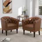 Pia Ricco Faux Leather Barrel Accent Chair, Comfy Club Armchair with Solid Wood Legs, Nailhead Trim Upholstered Single Sofa Chair for Living Room Bedroom/Reading Room, Tan