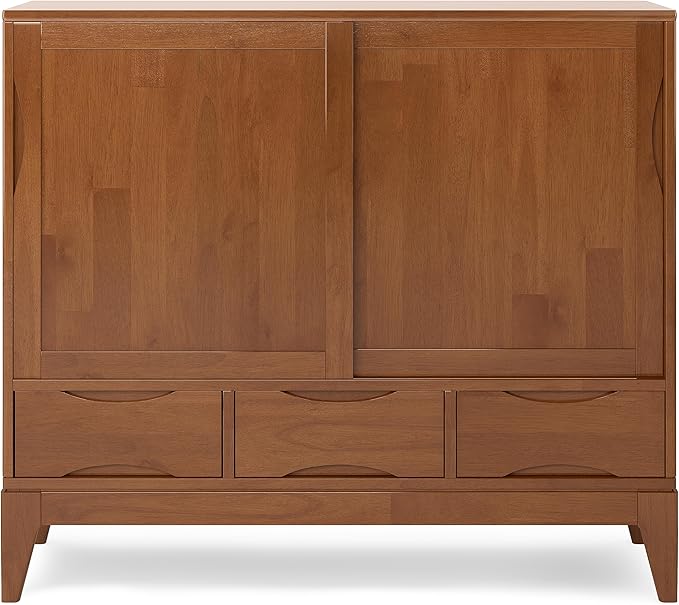 SIMPLIHOME Harper Medium Storage Cabinet - 48 inch Wide Solid Hardwood Sliding Door Cabinet in Teak Brown, Mid-Century Modern Cupboard for Living Room or Entryway with 3 Drawers and Tapered Legs