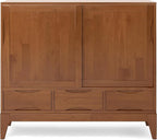 SIMPLIHOME Harper Medium Storage Cabinet - 48 inch Wide Solid Hardwood Sliding Door Cabinet in Teak Brown, Mid-Century Modern Cupboard for Living Room or Entryway with 3 Drawers and Tapered Legs
