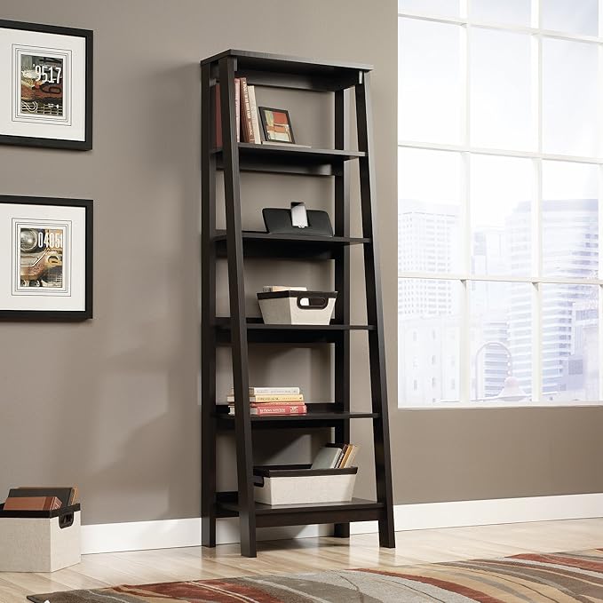 Sauder Ladder Bookshelf 5 Tier Trestle Ladder Shelf Wooden Bookcase, in Jamocha Wood