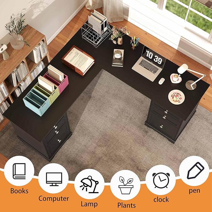 L Shaped Exective Desk with Drawers and File Drawers: 60" Country Vintage Desk for Home Office, Gaming Computer Desks with Storages(Black)