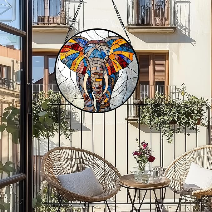 Stained Glass Window Hanging, Colorful Elephant Sun Catcher for Door Home Decor Animal Suncatcher Christmas Mother's Day Birthday Gifts for Women Men Mom and Nana 15 in