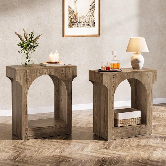 Tribesigns Wood End Table Set of 2, Side Table with Storage Space for Living Room, Narrow Nightstand for Bedroom, Gray