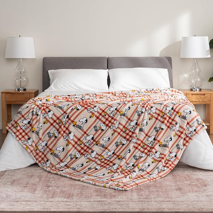 Berkshire Blanket Peanuts® VelvetLoft® Cute Character Snoopy Plush Blanket,Snoopy and Woodstock Wood Holiday Plaid Medium Tan,King 90 in x 108 in (Official Peanuts® Product)
