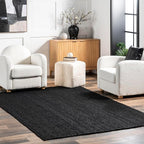 nuLOOM 6x9 Rigo Jute Hand Woven Area Rug, Black, Solid Farmhouse Design, Natural Fiber, For Bedroom, Living Room, Dining Room, Hallway, Office, Kitchen, Entryway