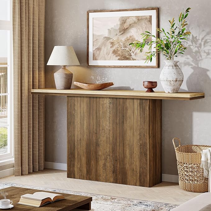 Tribesigns Farmhouse Fluted Console Table for Entryway, 63-Inch Long Wooden Sofa Table Behind Couch for Living Room, Foyer, Hallway, Rustic Brown & Natural