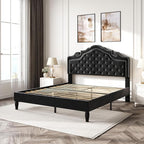 SHA CERLIN Full Size Bed Frame with Adjustable Headboard/Velvet Upholstered/Diamond Button Tufted and Metal Studs/No Box Spring Needed/Wood Slat Support/Easy Assembly/Black