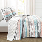 Lush Decor Hygge Geo Pattern Striped 3 Piece Quilt Bedding Set, King, Neutral & Multicolored