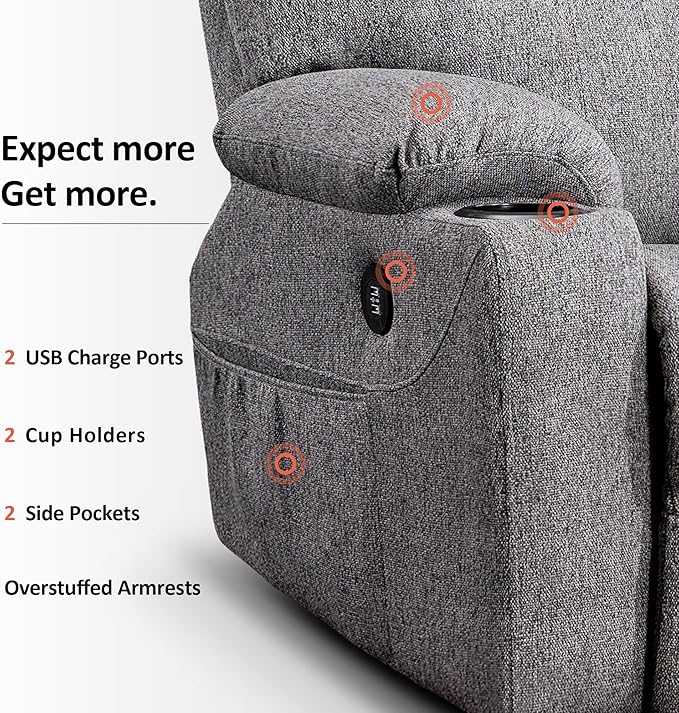 MCombo Power Lift Recliner Chair for Elderly, Lift Chair with Heat and Massage, FSC Certified, USB&Type C Ports, Cup Holders, Fabric 7040 (Medium, Gray)