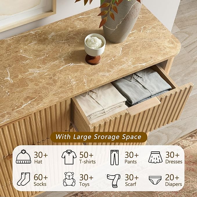 win2win 9 Drawer Dresser, Mid Century Modern Dresser with Storage, 55" Wide Fluted Chest of Drawers with Faux Marble Top, Dressers TV Stand, Drawers Organizer for Bedroom, Living Room, Hallway Oak