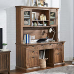 OKD Farmhouse Hutch for 60" Executive Desk, Office Desk Storage Cabinet with Glass Doors and Shelves, Top Hutch Organizer for Home Office - Reclaimed Barnwood