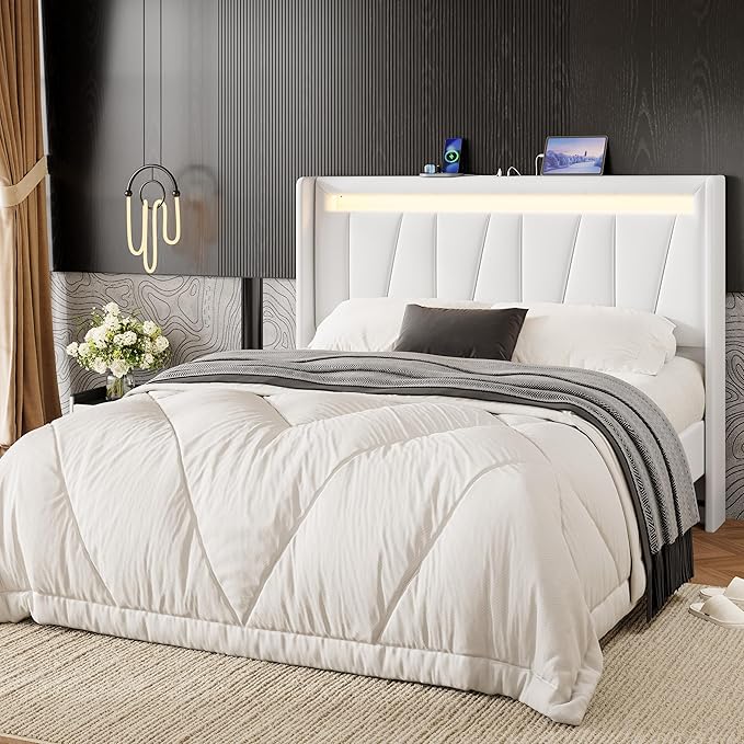 SHA CERLIN Queen Bed Frame with Charging Station and LED Lights, Modern Velvet Platform Bed with Upholstered Geometric Wingback Headboard, No Box Spring Needed, Easy Assembly, White